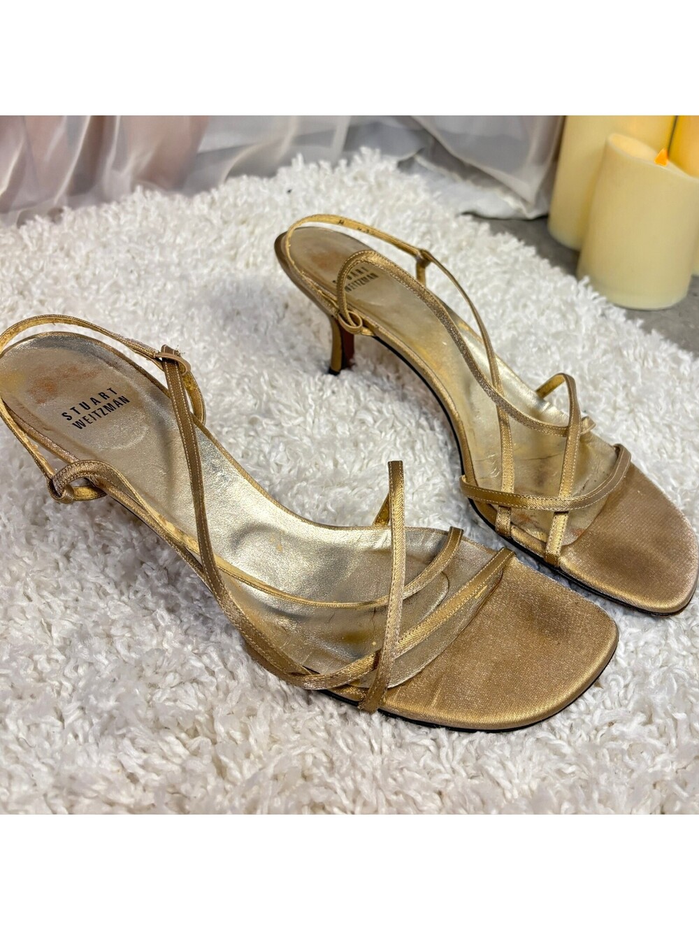 Stuart Weitzman Gold Satin Strappy Slingback Heels Size 10 Minimalist Y2K